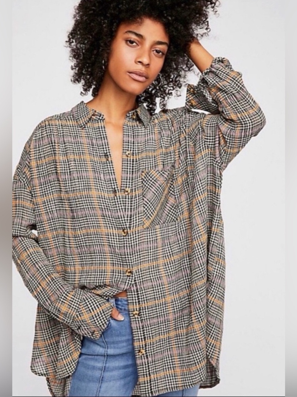 Free People Break My Stripe Plaid Button Down Shirt In Black - Picture 3 of 10